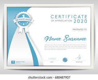 certificate template vector illustration, diploma layout in a4 size, business flyer design, advertisement, printing, achievement, Appreciation, corporate event, blue abstract background