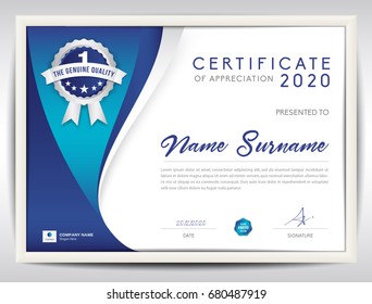 certificate template vector illustration, diploma layout in a4 size, business flyer design, advertisement, printing, achievement, Appreciation, corporate event, blue abstract background