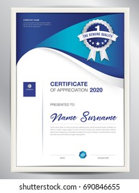 certificate template vector illustration, diploma layout in a4 size, business flyer design, advertisement, printing, achievement, Appreciation, corporate event, blue abstract background