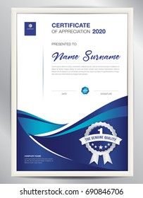 certificate template vector illustration, diploma layout in a4 size, business flyer design, advertisement, printing, achievement, Appreciation, corporate event, blue abstract background