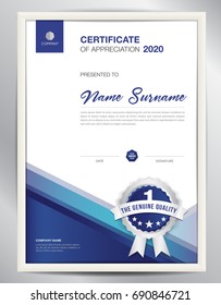 certificate template vector illustration, diploma layout in a4 size, business flyer design, advertisement, printing, achievement, Appreciation, corporate event, blue polygon background