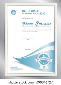 certificate template vector illustration, diploma layout in a4 size, business flyer design, advertisement, printing, achievement, Appreciation, corporate event, blue abstract background
