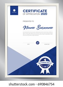 certificate template vector illustration, diploma layout in a4 size, business flyer design, advertisement, printing, achievement, Appreciation, corporate event, blue polygon background