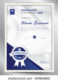 certificate template vector illustration, diploma layout in a4 size, business flyer design, advertisement, printing, achievement, Appreciation, corporate event, blue polygon background