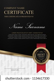 Certificate template vertical with luxury and modern pattern, appreciation award 
diploma template of  black background and golden shapes and badge.