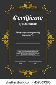 Certificate template with vintage frame and black background