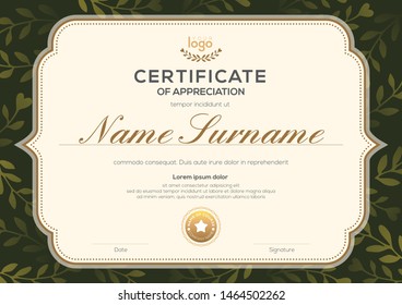 Certificate template with vintage frame on dark green floral leaf pattern background. Certificate of appreciation, award diploma design template. Vector illustration