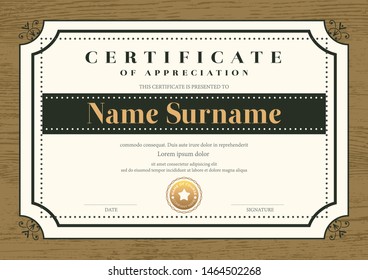Certificate template with vintage frame on wooden background. Certificate of appreciation, award diploma design template. Vector illustration