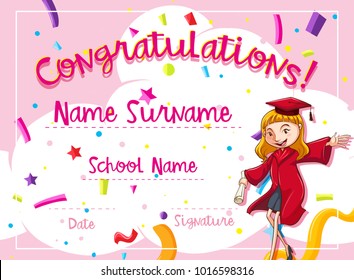 Certificate template with woman in red graduation gown illustration