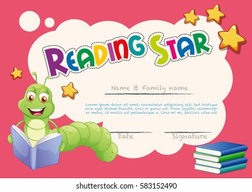 Plantilla de certificado con ilustración de libros de lectura de gusanos