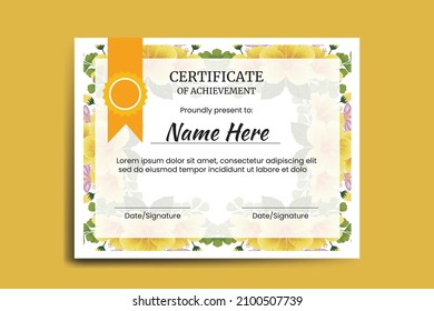 Certificate Template Yellow Hibiscus Flower watercolor Digital hand drawn