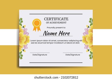 Certificate Template Yellow Hibiscus Flower watercolor Digital hand drawn