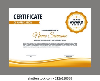Certificate Template with Yellow Wavy Element Design, Yellow Orange Smooth Certificate Layout Vector