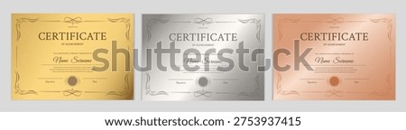 Certificate templates set. Gold, silver, and bronze horizontal diploma layouts with ornate borders. Elegant vector design for professional, corporate, and educational achievement awards.