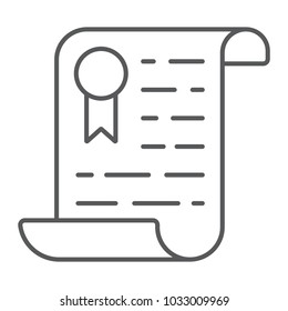 Certificate thin line icon, diploma and award, education sign vector graphics, a linear pattern on a white background, eps 10.