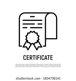 Certificate thin line icon. Diploma, graduation, professional qualification. Vector illustration.