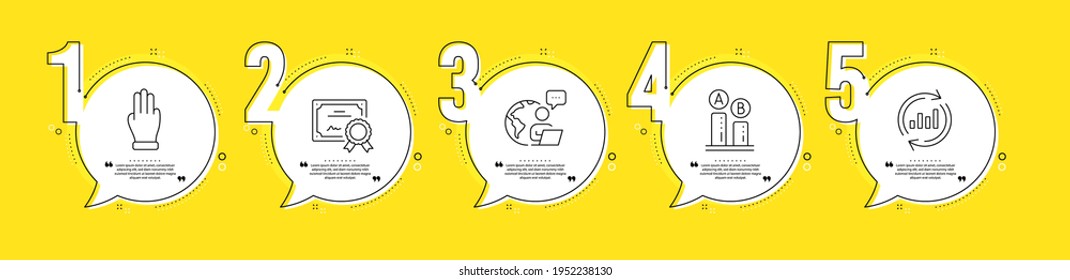 Certificate, Three fingers and Ab testing line icons set. Timeline process infograph. Update data sign. Certified file, Click palm, Test chart. Sales chart. Business set. Vector