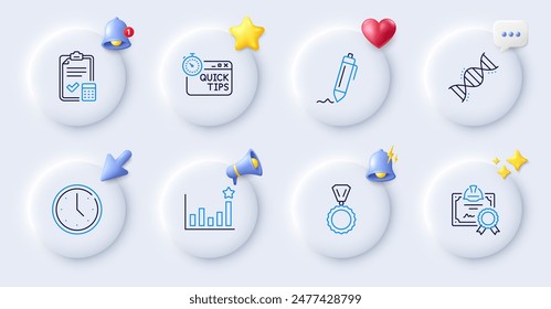 Iconos de línea de certificado, tiempo y eficacia. Botones con campana 3d, voz de chat, cursor. Pack de Medalla, Firma, Icono de consejos rápidos. Lista de comprobación de contabilidad, pictograma de ADN de química. Vector