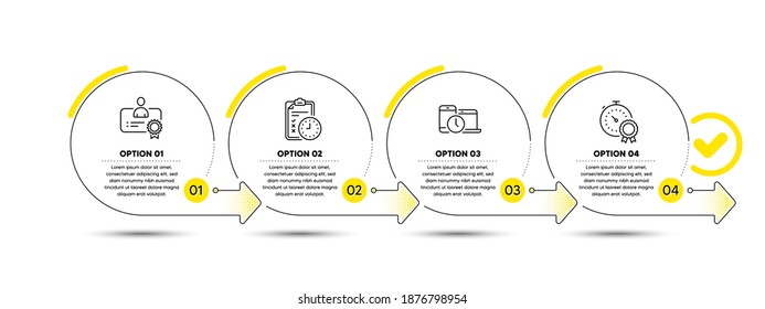 Certificate, Time management and Exam time line icons set. Timeline process infograph. Best result sign. Best employee, Laptop device, Checklist. Timer award. Business set. Vector