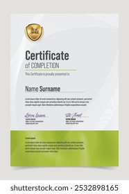 Certificado de Plantilla de Formación. Diploma moderno y elegante de negocios limpios con lujosa insignia del premio de oro