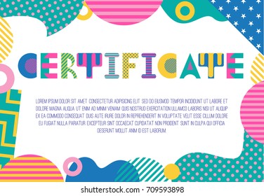 CERTIFICATE. Trendy geometric font in memphis style of 80s-90s. Rectangular frame from abstract geometric elements