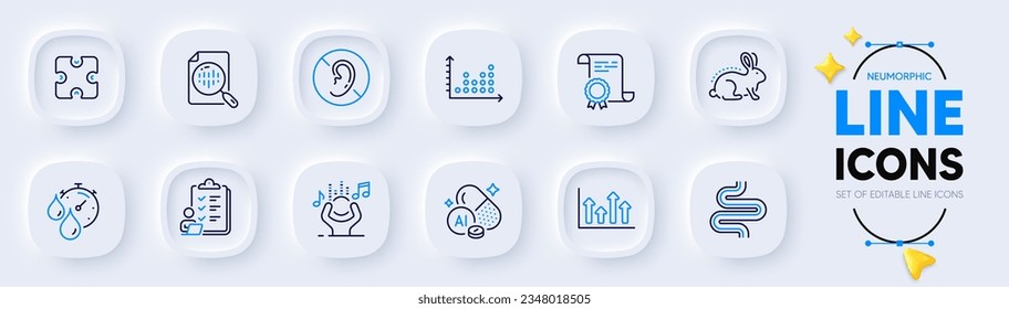 Certificate, Upper arrows and Checklist line icons for web app. Pack of Intestine, Noise, Puzzle pictogram icons. Timer, Analytics chart, No hearing signs. Aluminium mineral, Dot plot. Vector