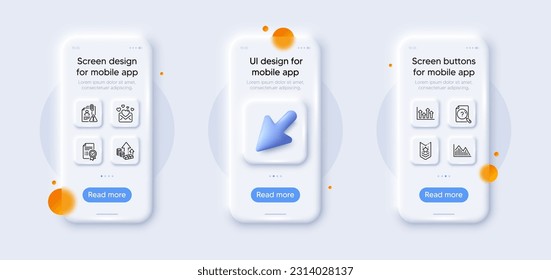 Certificate, Upper arrows and Shoulder strap line icons pack. 3d phone mockups with cursor. Glass smartphone screen. Search employee, Inflation, Search document web icon. Vector