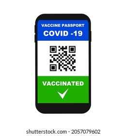 Certificate of vaccination from koivd-19, on the screen of a mobile phone, with a qr-code and a tick. Health passport in a smartphone for traveling and attending local events. Flat, isolated vector.