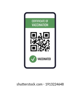 Certificate of vaccination on mobile phone screen with qr-code and pass check mark vaccinated. Health passport app with on-line tracking coronavirus infection immune. Flat design vector illustration.