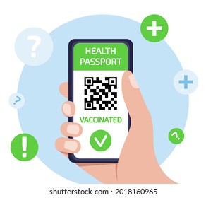 Certificate of vaccination on mobile phone screen in hand with QR code for health passport concept, app with online tracking coronavirus infection immune. Flat vector illustration.