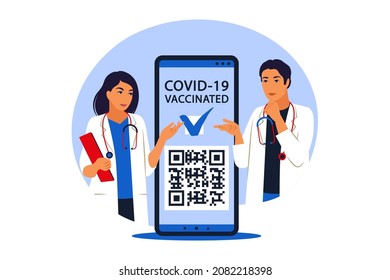 Certificate of vaccination on mobile phone screen with qr-code and pass check mark vaccinated. Mobile application. Vector illustration. Flat.