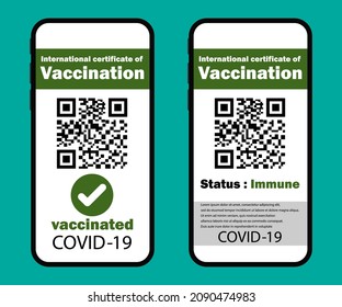 Certificate of vaccination on mobile phone screen with qr-code and pass check mark vaccinated. Vector illustration. Eps 10.