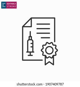 Certificate vaccination outline icon on white background. Editable stroke. Vector illustration.