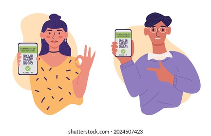 Certificate of vaccination vector flat cartoon illustration, with young man and woman. They showing smartphone with vaccine QR code in mobile app or screen. Covid-19 coronavirus vaccine certificate.