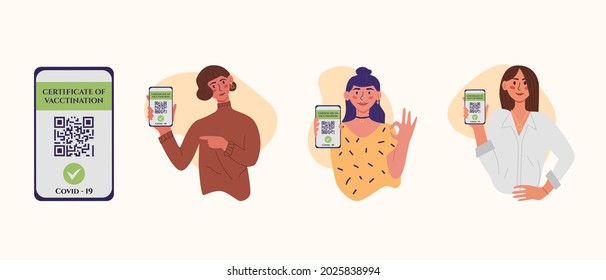 Certificado de ilustración de caricatura plana vectorial de vacunación, con mujeres jóvenes. Muestran smartphone con código QR de la vacuna en aplicación móvil o pantalla. Certificado de vacuna contra el coronavirus Covid-19