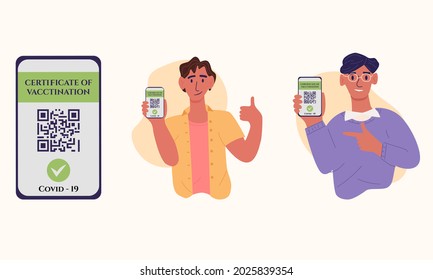 Certificado de la ilustración de la caricatura plana vectorial de vacunación, con dos hombres jóvenes. Muestran smartphone con código QR de la vacuna en aplicación móvil o pantalla. Certificado de vacuna contra el coronavirus Covid-19