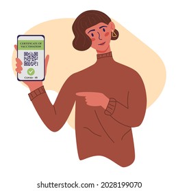 Certificado de ilustración de caricatura plana vectorial de vacunación. Mujeres jóvenes mostrando smartphone con código QR de la vacuna en aplicación móvil o pantalla. Certificado de vacuna contra el coronavirus Covid-19