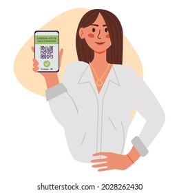 Certificate of vaccination vector flat cartoon illustration. Young women showing smartphone with vaccine QR code in mobile app or screen. Covid-19 coronavirus vaccine certificate.