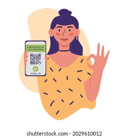 Certificate of vaccination vector flat cartoon illustration. Young women showing smartphone with vaccine QR code in mobile app or screen. Covid-19 coronavirus vaccine certificate.