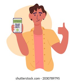 Certificado de ilustración de caricatura plana vectorial de vacunación. Joven mostrando smartphone con código QR de la vacuna en aplicación móvil o pantalla. Certificado de vacuna contra el coronavirus Covid-19.