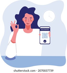 Impfzertifikat, Vektorgrafik-Cartoon-Illustration. Junge Frauen zeigen ein Telefon mit einer mobilen App von Impfstoff QR-Code auf dem Bildschirm. Covid-19-Impfstoff-Bescheinigung für Coronavirus.