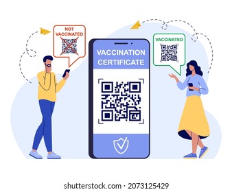 Certificate of vaccination vector flat illustration. Men and woman showing smartphone with vaccine QR code in mobile app or screen. Covid-19 coronavirus vaccine certificate or vaccine passport.