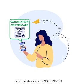 Certificado de la ilustración plana vectorial de vacunación. Mujer mostrando smartphone con código QR de la vacuna en aplicación móvil o pantalla. Certificado de vacuna de Covid-19 coronavirus o pasaporte de vacuna.