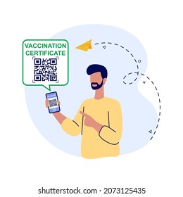 Certificate of vaccination vector flat illustration. Men showing smartphone with vaccine QR code in mobile app or screen. Covid-19 coronavirus vaccine certificate or vaccine passport.