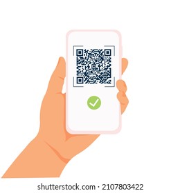 Bescheinigung des Impfstoffs und des Immunes gegen Covid in Smartphone-Bildschirm. Green Pass in Telefon-App. Gesundheitspass auf digitalem Bildschirm mit Qr-Code für die Kontrolle und Kontrolle der Sicherheit von covid-19. Vektorsto