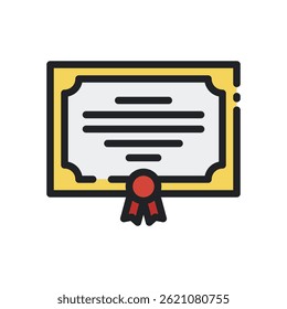 Certificate Vector Design for Achievement Recognition – Diploma illustration, award document, official success symbol. Filled Line Icon