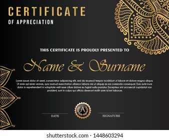 certificate vector design, black background combined with gold color, makes this certificate design so elegant, trendy design .