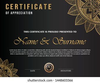 certificate vector design, black background combined with gold color, makes this certificate design so elegant, trendy design.