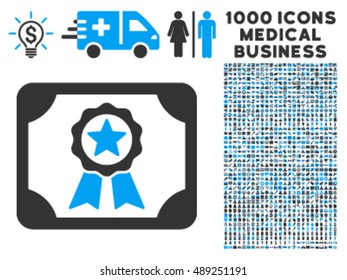 Certificate vector icon with 1000 medical business pictograms. Set style is flat symbols, color, white background.