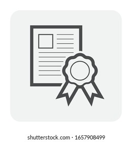 Certificate vector icon design. May called certified document, diploma, award or license consist of paper, ribbon, medal for warranty degree, education and graduation. Also qualification and training.